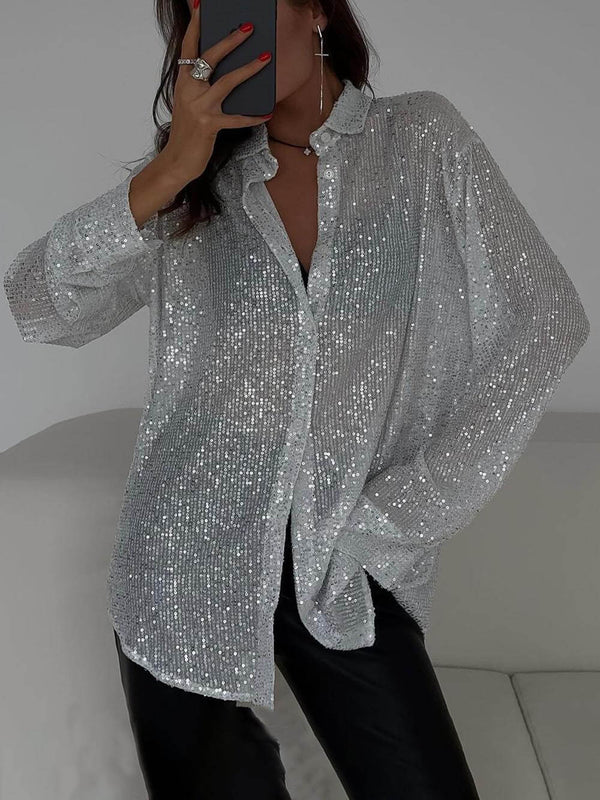 Chemise à manches longues avec col tendance orné de perles