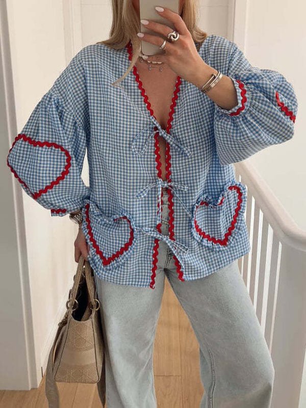 Chemise ample décontractée à carreaux avec ruban et lacets