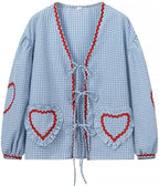 Chemise carreaux avec ruban et lacets pour femmes